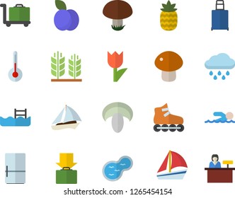 Color flat icon set fridge flat vector, temperature, mushroom, pineapple, plum, tulip, rain, pond, sailboat, ear, roller Skates, swimming, pool, fector, get luggage, trolley, reception desk