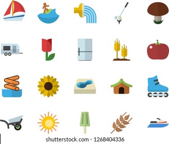 Color flat icon set fridge flat vector, ear, tomato, ice cream, mushroom, flower, hose irrigation, garden wheelbarrow, tulip, pool, sailboat, roller Skates, trailer fector, tent, sun, surfing, golf