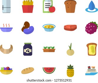 Color flat icon set fridge flat vector, chop, legumes, croissant, bread, watermelon, salad, soup, onion, French fries, jam, blackberry, pineapple, sandwich, seedlings, drop, diet, cruise ship fector