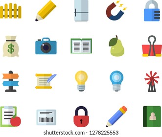 Color flat icon set fridge flat vector, pear, windmill, fence, lamp, magnet, wealth, barcode, pencil, bulb, hostory roll, diet, pointer fector, binder clip, lock, book, camera, notebook