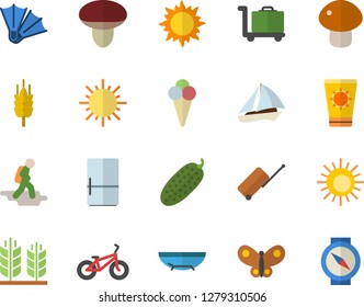Color flat icon set fridge flat vector, mushroom, cucumber, ice cream, ear, sun, butterflies, bicycle, sailboat fector, hike, luggage, sea beach, protection, flippers, trolley, compass