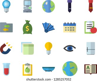 Color flat icon set fridge flat vector, earth, lamp, magnet, wealth, blood test, sticker, tie, computer, diet, sea beach fector, flippers, file sharing, calendar, eye, book