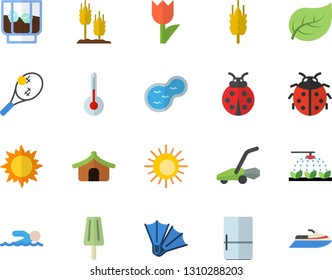 Color flat icon set fridge flat vector, temperature, ice cream, whiskey, ear, ladybird, sprinkling machine, tulip, sun, lawn mower, pond, tree leaf, swimming, tent fector, flippers, tennis
