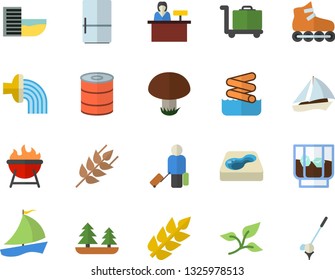 Color flat icon set fridge flat vector, barbecue, ear, canned food, whiskey, mushroom, hose irrigation, pool, tree leaf, forest, sailboat, roller Skates, fector, luggage, hotel first line, aquapark