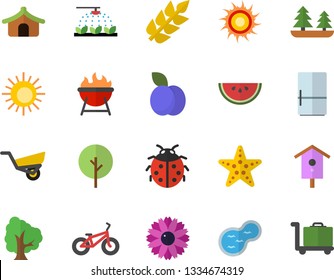 Color flat icon set fridge flat vector, barbecue, watermelon, plum, nesting box, tree, flower, ladybird, sprinkling machine, garden wheelbarrow, pond, forest, ear, bicycle, tent fector, sun