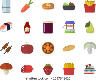 Color flat icon set fridge flat vector, mushroom, ketchup, pancakes, sausage, bread, salad, shashlik, tomato, French fries, sashimi, jam, Strawberry, pear, well, carrot, ventilation