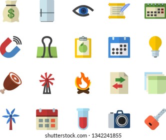 Color flat icon set fridge flat vector, ham, windmill, bonfire, lamp, magnet, wealth, blood test, calendar, sticker, hostory roll, diet, camera fector, file sharing, binder clip, eye, key