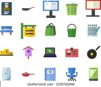 Color flat icon set frying pan flat vector, teflon, nesting box, bucketful, bench, glass bottles, signboard, billboard, bags, badge, office chair, laptop, notepad, notebook, pedestal, trash can