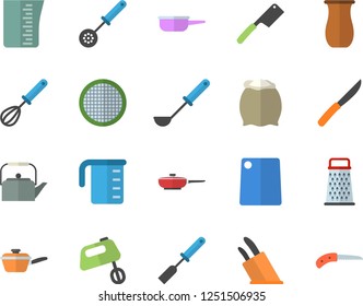 Color flat icon set frying pan flat vector, saute, meashuring cup, teapot, ladle, kitchen spatula, spoon, whisk, knives, cutting board, mixer, flour, sieve, grater, jugful, knife