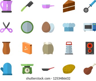 Color flat icon set frying pan flat vector, saute, cake, weighing machine, electric kettle, cook hat, potholder, kitchen spoon, knives, scissors, induction cooker, microwave, egg, flour, groats, ham