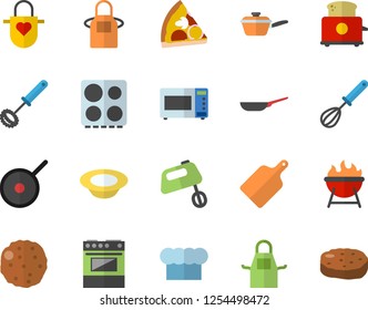Color flat icon set frying pan flat vector, saute, teflon, cook hat, apron, whisk, cutting board, electric stove, microwave, toaster, mixer, barbecue, pizza, dish, cutlet