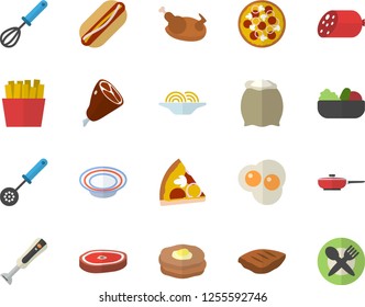 Color flat icon set frying pan flat vector, kitchen spoon, whisk, blender, flour, sausage, spaghetti, hot dog, pizza, dish, salad, chicken, ham, chop, French fries, scrambled eggs, pancakes