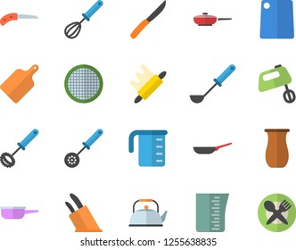 Color flat icon set frying pan flat vector, saute, meashuring cup, teapot, ladle, kitchen spoon, whisk, knives, rolling pin, cutting board, mixer, sieve, jugful, knife, table setting fector