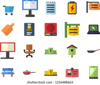 Color flat icon set frying pan flat vector, weighing machine, cutting board, nesting box, bench, battery, grocery trolley, signboard, billboard, badge, office chair, laptop, notepad, pedestal