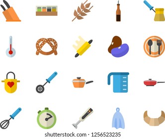 Color flat icon set frying pan flat vector, saute, meashuring cup, apron, kitchen spoon, whisk, stopwatch, towel, knives, rolling pin, turk, blender, spice, temperature, table setting, ear, legumes