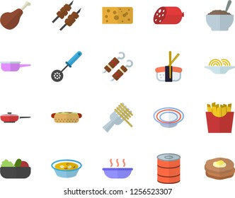 Color flat icon set frying pan flat vector, saute, kitchen spoon, ham, sausage, cheese, canned food, spaghetti on a fork, hot dog, dish, salad, soup, porridge, shashlik, French fries, sashimi