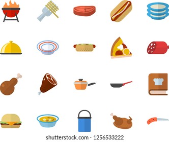 Color flat icon set frying pan flat vector, hiking pot, saute, cookbook, barbecue, dish, plates, chop, sausage, spaghetti on a fork, hamburger, hot dog, pizza, soup, chicken, ham, knife