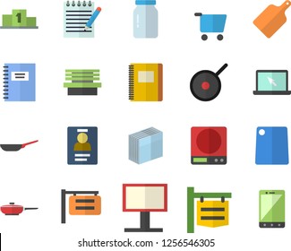 Color flat icon set frying pan flat vector, teflon, weighing machine, cutting board, glass jar, bench, grocery trolley, signboard, billboard, badge, sticker, laptop, notepad, notebook, pedestal