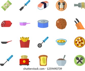 Color flat icon set frying pan flat vector, saute, ladle, kitchen spatula, spoon, knives, toaster, table setting, spaghetti, sausage, canned food, on a fork, pizza, soup, porridge, cutlet, sashimi
