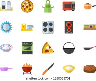 Color flat icon set frying pan flat vector, cauldron, saute, apron, knives, electric stove, induction cooker, gas, microwave, spice, food processor, barbecue, pizza, dish, cutlet