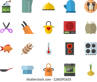 Color flat icon set frying pan flat vector, weighing machine, meashuring cup, cook hat, apron, potholder, knives, scissors, coffee grinder, electric stove, induction cooker, temperature, flour, dish