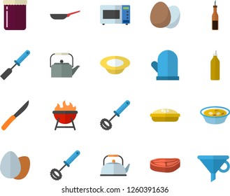 Color flat icon set frying pan flat vector, teapot, potholder, kitchen spatula, whisk, knives, microwave, barbecue, egg, chop, sauce, dish, soup, pie, jam, mustard, funnel