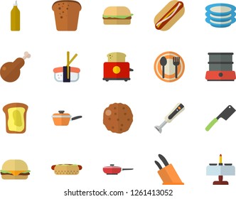 Color flat icon set frying pan flat vector, saute, knives, toaster, double boiler, blender, table setting, plates, bread, hamburger, hot dog, chicken, cutlet, sashimi, mustard, sandwich