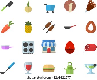 Color flat icon set frying pan flat vector, saute, apron, ladle, kitchen egg timer, knives, electric stove, sausage, hamburger, ham, shashlik, onion, wine, pineapple, carrot, store front