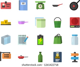 Color flat icon set frying pan flat vector, saute, teflon, weighing machine, glass jar, bucketful, battery, bottles, signboard, bags, badge, sticker, notepad, notebook, pedestal, pointer fector