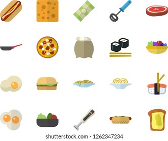 Color flat icon set frying pan flat vector, whisk, blender, flour, spaghetti, cheese, hamburger, hot dog, pizza, salad, chop, fish rolls, sashimi, scrambled eggs, sandwich