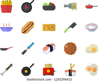 Color flat icon set frying pan flat vector, teflon, kitchen spatula, knives, toaster, blender, cheese, spaghetti on a fork, hot dog, dish, salad, soup, cutlet, French fries, sashimi, scrambled eggs