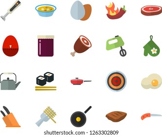 Color flat icon set frying pan flat vector, teflon, teapot, potholder, kitchen egg timer, knives, induction cooker, mixer, blender, spaghetti on a fork, soup, ham, chop, hot peppers, fish rolls, jam