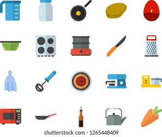 Color flat icon set frying pan flat vector, teflon, meashuring cup, colander, teapot, whisk, kitchen egg timer, towel, knives, electric stove, induction cooker, microwave, double boiler, glass jar