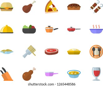 Color flat icon set frying pan flat vector, saute, knives, dish, table setting, ham, spaghetti on a fork, hamburger, pizza, salad, soup, pie, chicken, chop, shashlik, wine