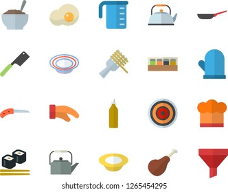 Color flat icon set frying pan flat vector, meashuring cup, teapot, cook hat, potholder, knives, induction cooker, spice, ham, spaghetti on a fork, dish, porridge, fish rolls, scrambled eggs, knife