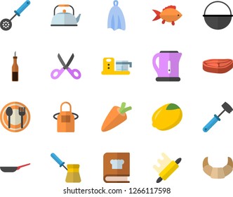Color flat icon set frying pan flat vector, cauldron, teapot, electric kettle, apron, kitchen spoon, towel, scissors, rolling pin, meat hammer, turk, cookbook, food processor, table setting, chop