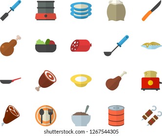 Color flat icon set frying pan flat vector, ladle, kitchen spatula, knives, toaster, double boiler, flour, table setting, plates, ham, sausage, canned food, spaghetti, dish, salad, porridge, chicken Color flat icon set frying pan flat vector, ladle, kitchen spatula, knives, toaster, double boiler, flour, table setting, plates, ham, sausage, canned food, spaghetti, dish, salad, porridge, chicken