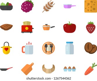 Color flat icon set frying pan flat vector, saute, apron, cutting board, toaster, glass jar, table setting, tomato, ear, croissant, cheese, egg, salad, chop, coffee beans, tea, Strawberry, carrot