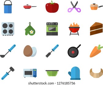 Color flat icon set frying pan flat vector, hiking pot, saute, teflon, cake, colander, potholder, ladle, kitchen spatula, scissors, meat hammer, electric stove, microwave, barbecue, egg, tomato