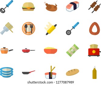 Color flat icon set frying pan flat vector, saute, kitchen spoon, whisk, rolling pin, toaster, table setting, plates, spaghetti, sausage, bread, on a fork, hamburger, porridge, chicken, shashlik