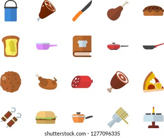 Color flat icon set frying pan flat vector, hiking pot, saute, knives, cookbook, ham, sausage, spaghetti on a fork, hamburger, pizza, pie, chicken, shashlik, cutlet, sandwich, romantic dinner fector