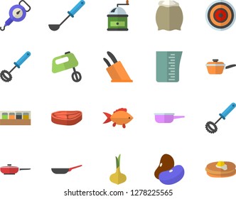 Color flat icon set frying pan flat vector, saute, meashuring cup, spring balance, ladle, whisk, knives, coffee grinder, induction cooker, mixer, spice, flour, chop, fish, legumes, onion, pancakes