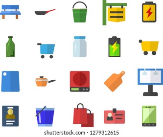 Color flat icon set frying pan flat vector, saute, weighing machine, cutting board, glass jar, bucketful, bench, battery, bottles, grocery trolley, signboard, billboard, bags, badge, mobile