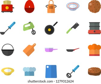 Color flat icon set frying pan flat vector, cauldron, saute, teflon, cook hat, apron, ladle, whisk, kitchen egg timer, knives, cutting board, toaster, mixer, double boiler, dish, cutlet