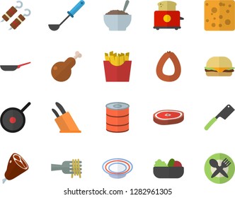 Color flat icon set frying pan flat vector, teflon, ladle, knives, toaster, sausage, cheese, canned food, spaghetti on a fork, hamburger, dish, salad, porridge, chicken, ham, chop, shashlik