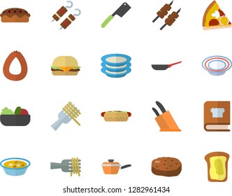 Color flat icon set frying pan flat vector, saute, knives, cookbook, plates, sausage, spaghetti on a fork, hamburger, hot dog, pizza, dish, salad, soup, pie, shashlik, cutlet, sandwich