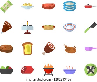 Color flat icon set frying pan flat vector, saute, knives, barbecue, plates, spaghetti, chop, sausage, hot dog, dish, salad, soup, chicken, ham, cutlet, sandwich, romantic dinner fector