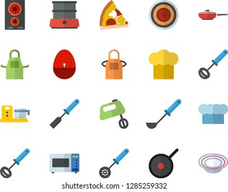 Color flat icon set frying pan flat vector, teflon, cook hat, apron, ladle, kitchen spatula, spoon, whisk, egg timer, induction cooker, microwave, mixer, double boiler, food processor, pizza, dish