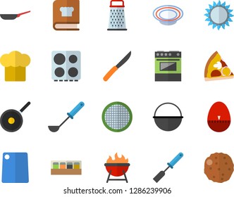 Color flat icon set frying pan flat vector, cauldron, teflon, cook hat, ladle, kitchen spatula, egg timer, knives, cutting board, electric stove, gas, cookbook, spice, barbecue, sieve, grater, pizza