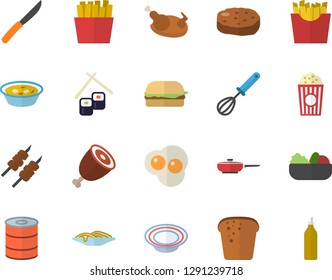 Color flat icon set frying pan flat vector, whisk, knives, bread, canned food, spaghetti, hamburger, dish, salad, soup, chicken, ham, shashlik, cutlet, French fries, fish rolls, popcorn, mustard